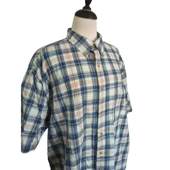 Eddie Bauer Blue Peach and Green Short Sleeve Plaid Button Up Shirt Size XL - Picture 3 of 5